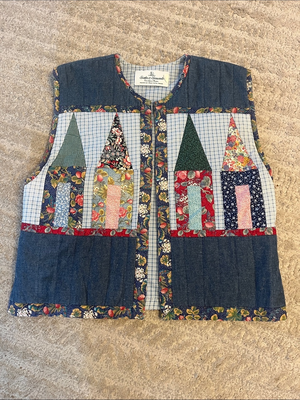 Vintage Suttles and Seawinds Quilted Denim Vest with Colorful House Motif M-L